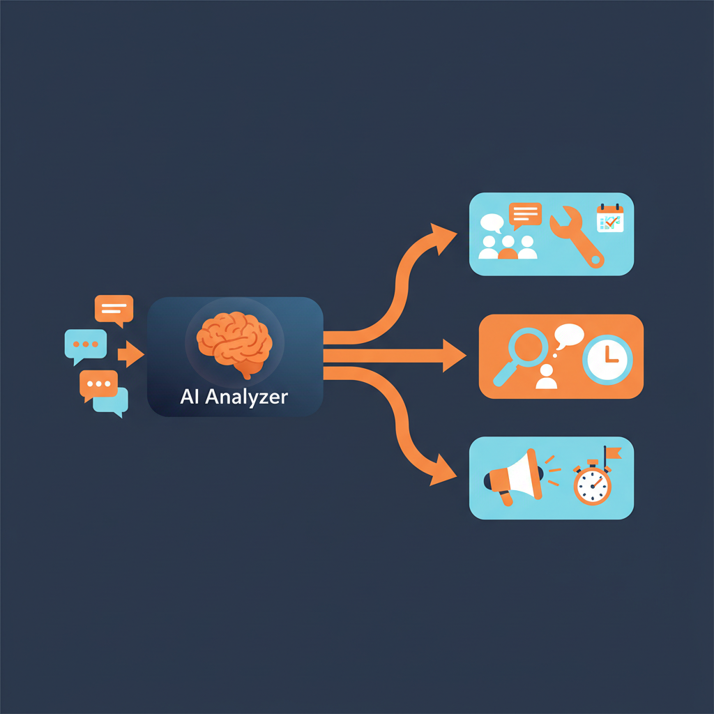 a workflow diagram showing how chat messages flow through an AI analyzer and then split into categorized tasks with assigned owners and deadlines