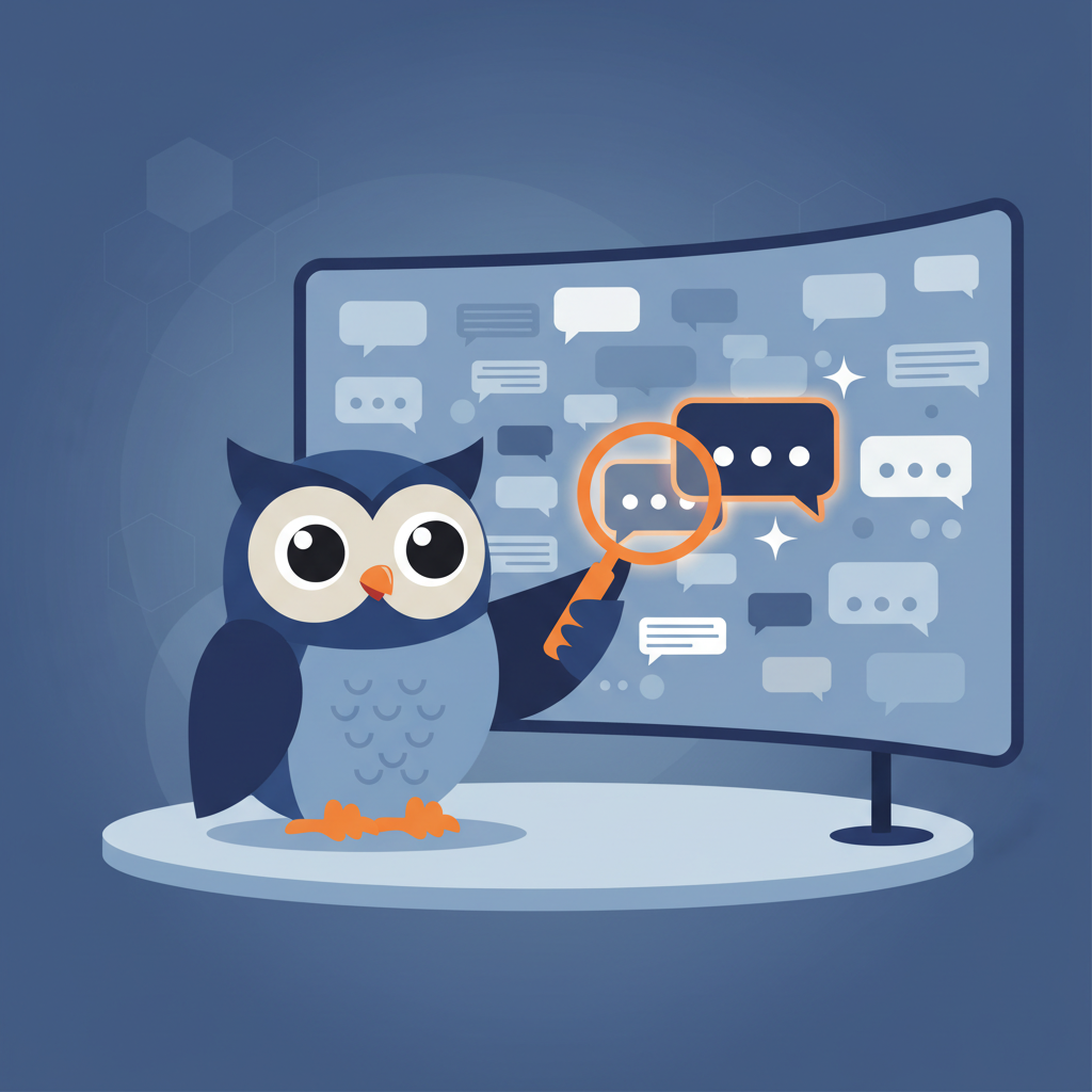 a friendly cartoon owl analyzing a stream of chat bubbles on a large screen, highlighting key messages with a magnifying glass