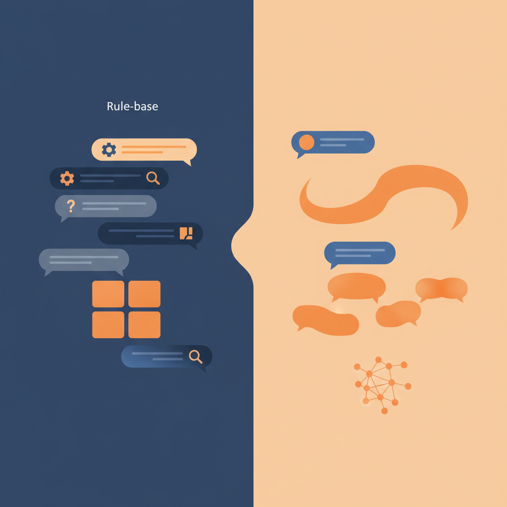 two side-by-side chat interfaces, one with rigid button menus and one with a natural flowing conversation, illustrating the contrast between rule-based and AI-driven responses