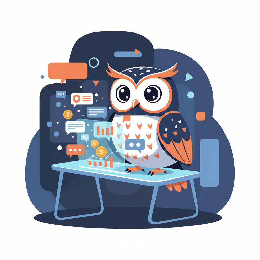 a cartoon owl sitting at a glowing desk, analyzing streams of chat bubbles with charts and coin symbols floating around