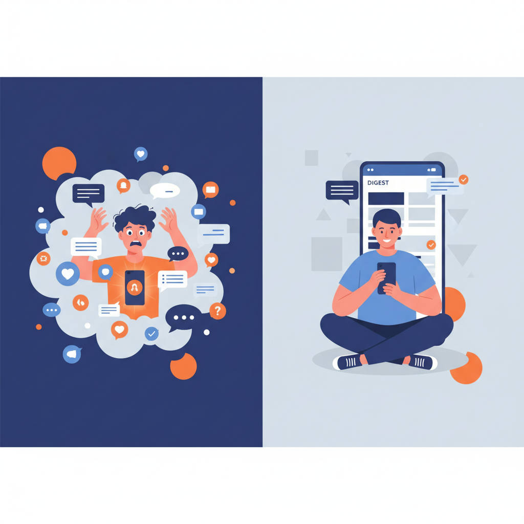 side-by-side comparison of a person overwhelmed by chat notifications versus a calm trader reading a clean summary digest on a phone