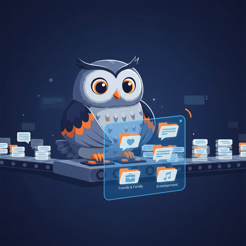 a friendly cartoon owl processing stacks of chat message bubbles on a conveyor belt, organizing them into neat labeled folders on a glowing screen