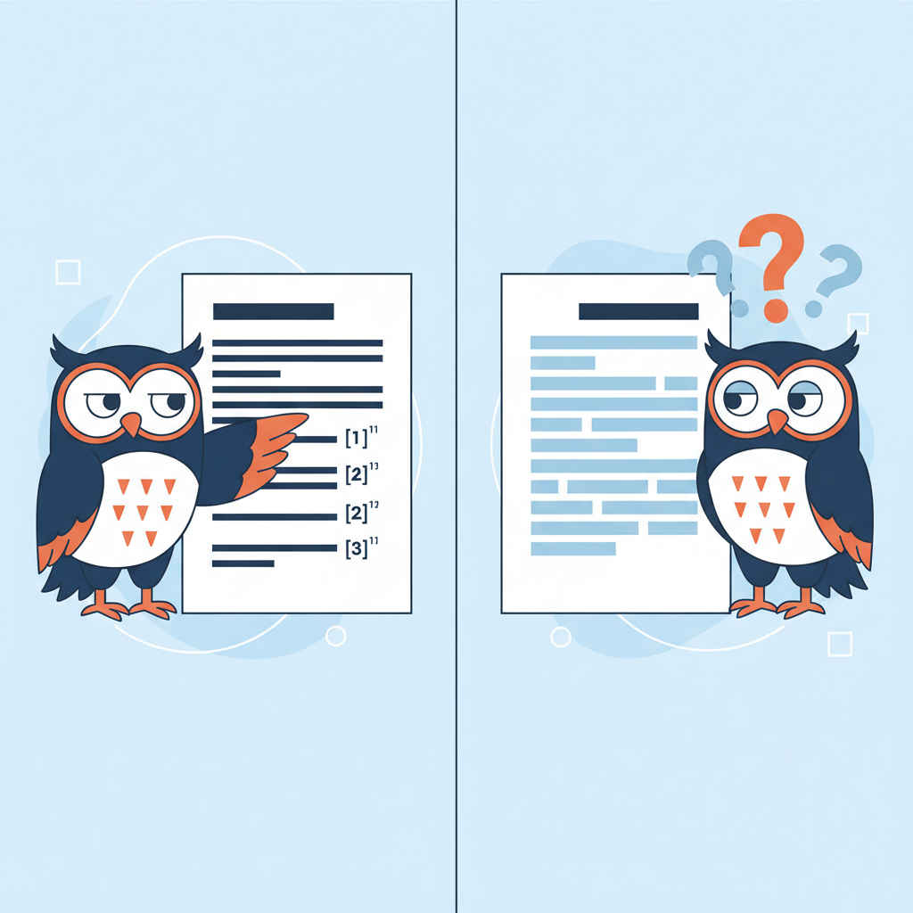 split screen showing two owls side by side — one confidently pointing to numbered source citations on a document, another looking uncertain with question marks floating around a plain text summary