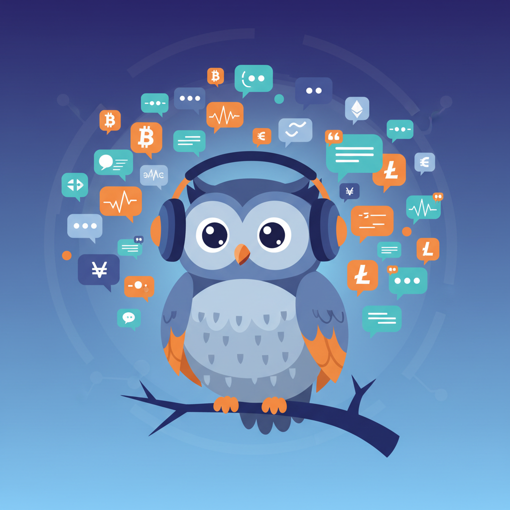 a friendly cartoon owl wearing headphones, analyzing colorful chat bubbles with cryptocurrency symbols and highlighted quotes floating around