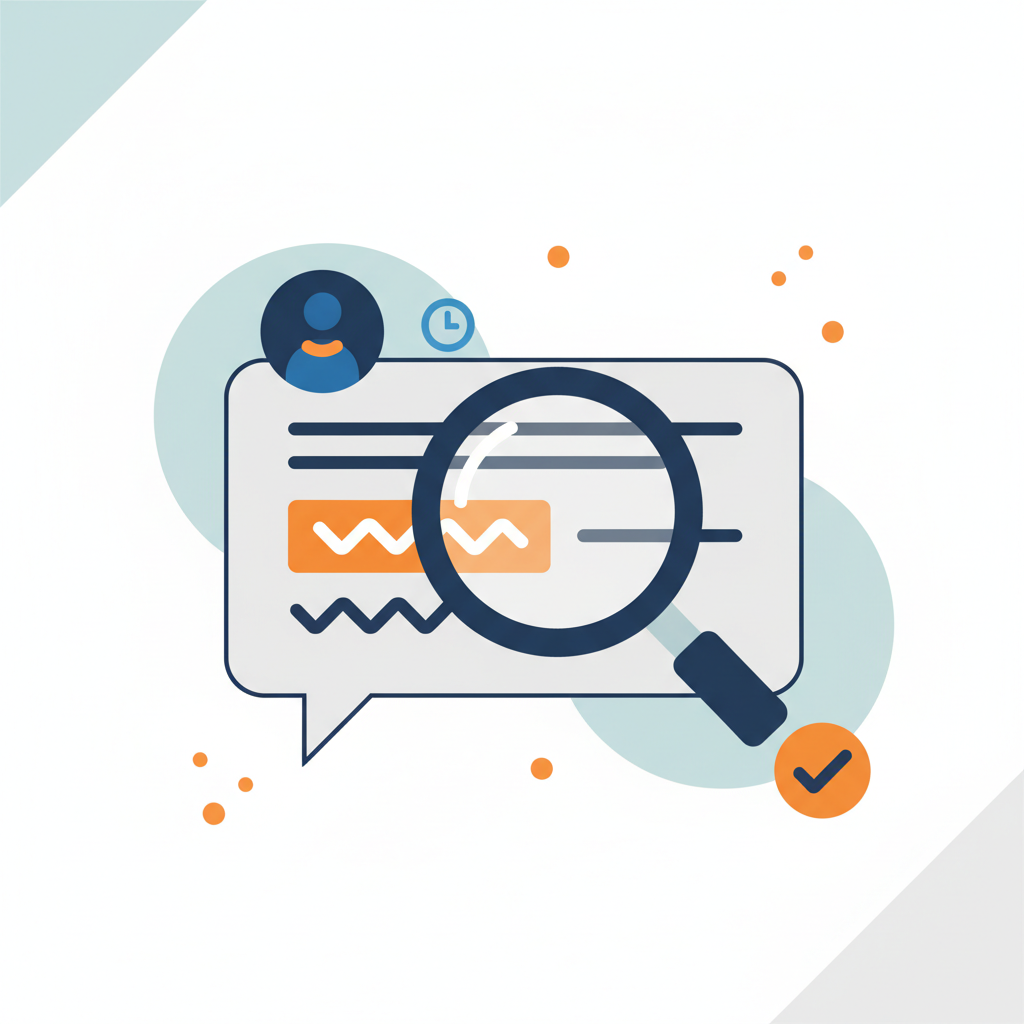 a magnifying glass hovering over a chat message with a highlighted quote, showing author avatar, timestamp, and a checkmark symbol indicating verification