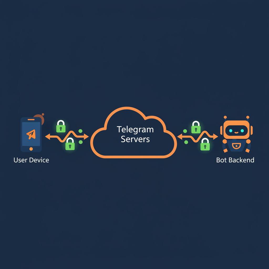 a secure data flow diagram showing encrypted messages traveling between a user device, telegram servers, and a bot backend, with green padlock icons