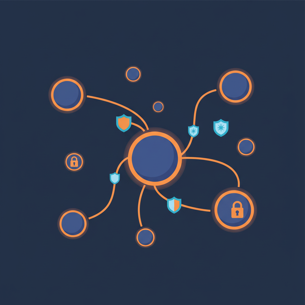 a network diagram showing multiple isolated processing nodes with encryption between them, representing secure distributed architecture