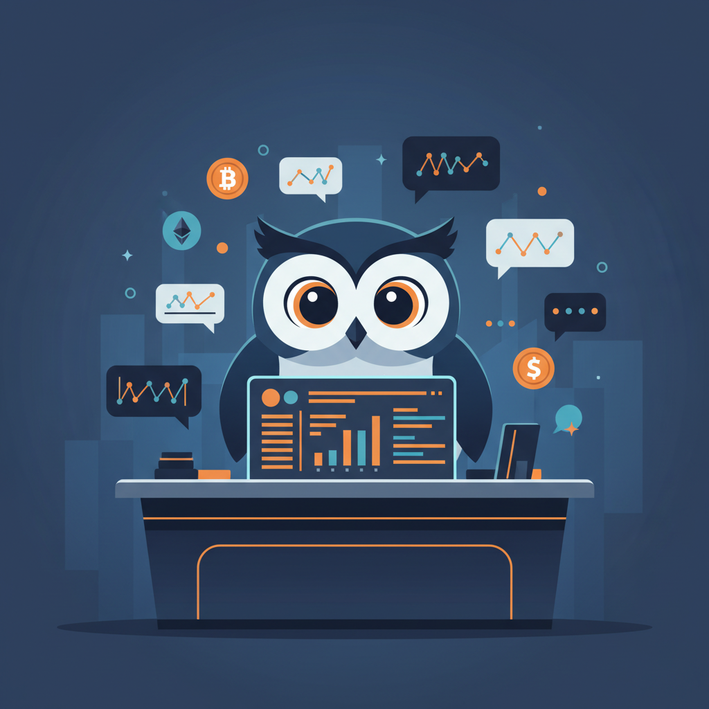 a cartoon owl sitting at a trading desk, surrounded by floating chat bubbles with charts and coin symbols, reviewing a structured summary on a glowing screen
