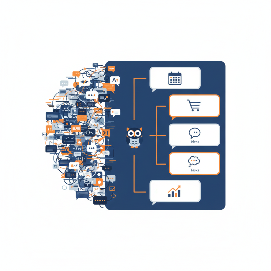 a split-screen illustration showing a chaotic stream of text messages on one side and a clean organized summary with categories on the other side, with a small owl icon in the center
