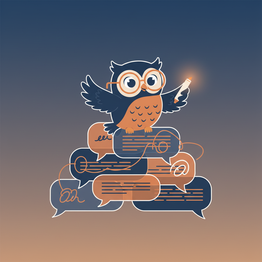 a friendly cartoon owl wearing glasses, reading through stacked chat bubbles and highlighting key messages with a glowing marker