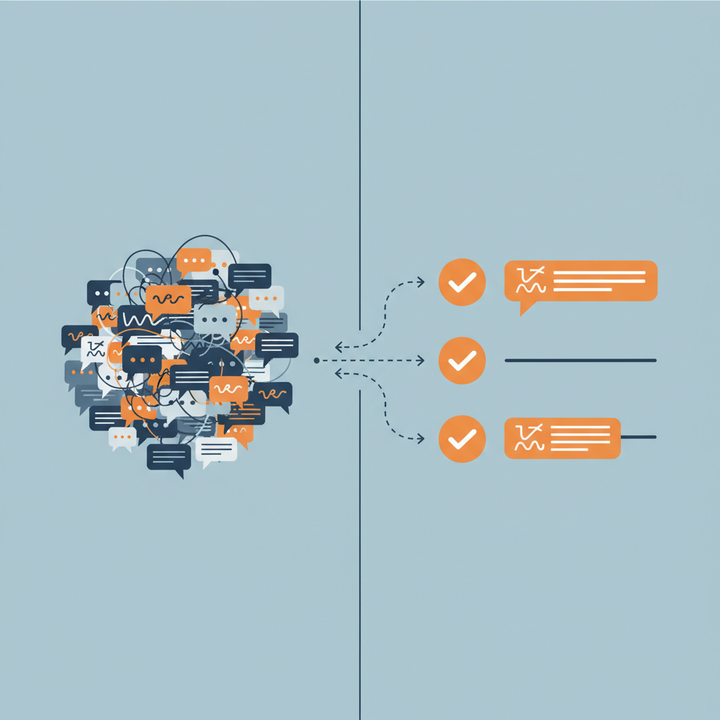a split-screen visualization showing chaotic chat messages on the left transforming into a clean, organized summary list on the right with checkmarks and highlighted key points