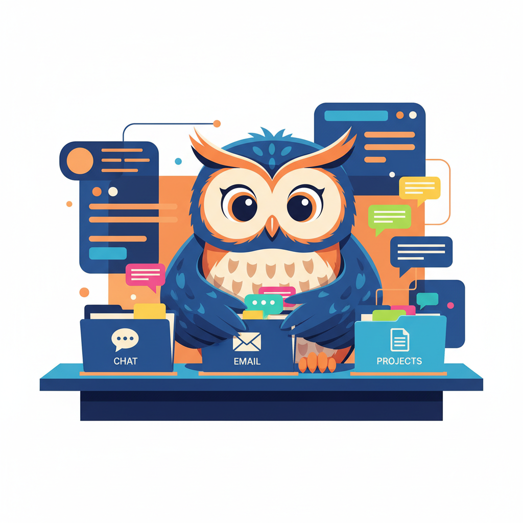 a cartoon owl sitting at a desk, organizing colorful message bubbles into neat labeled folders, digital interface in background