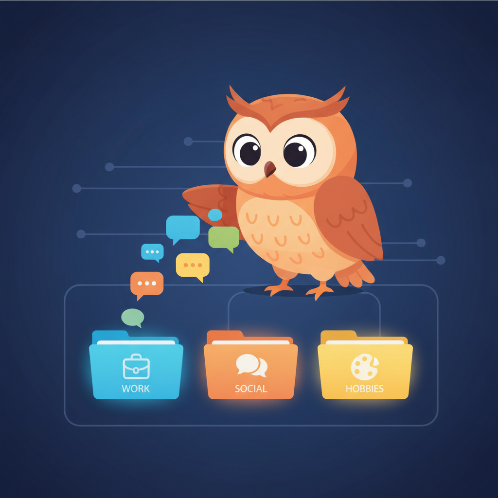 a friendly owl sorting colorful chat bubbles into organized folders labeled with different topics, each folder glowing softly