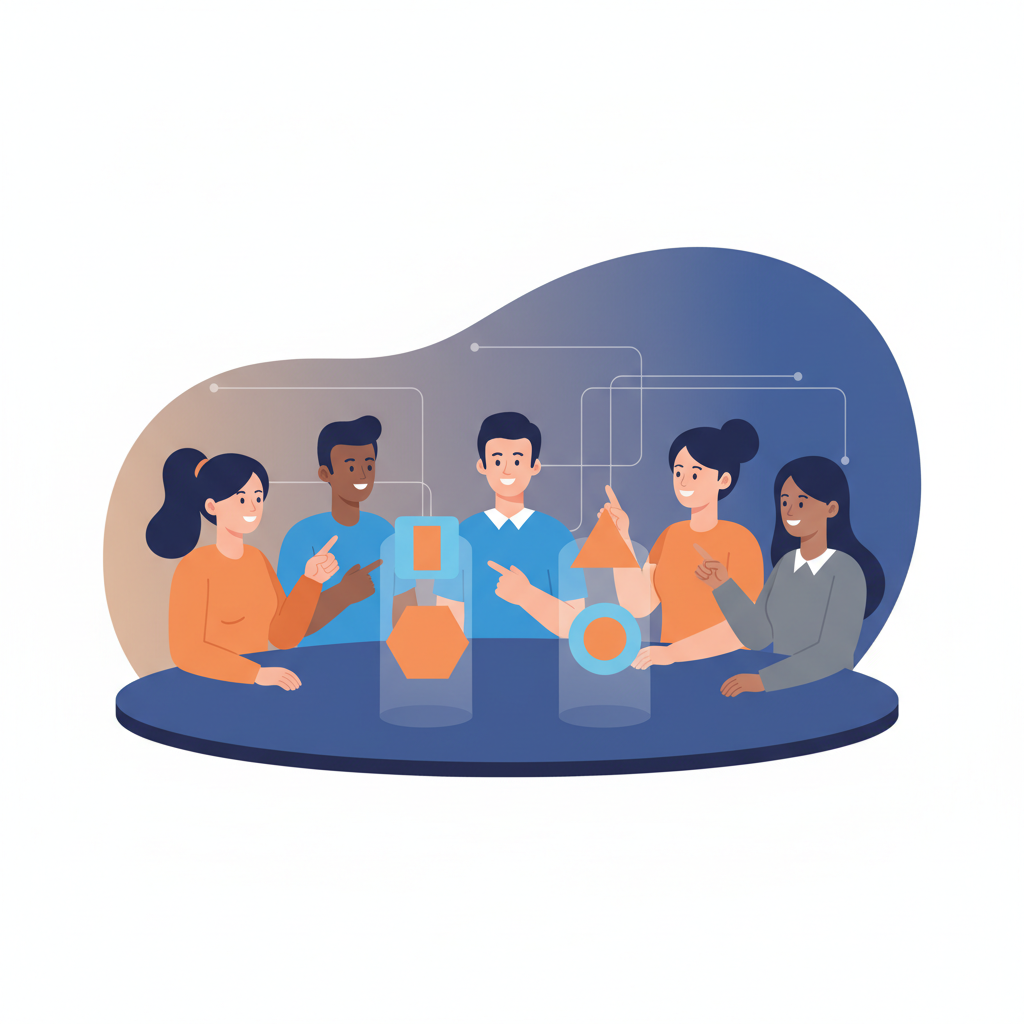 a team of diverse professionals around a table with glowing topic cards floating above, each person pointing to different cards with satisfaction
