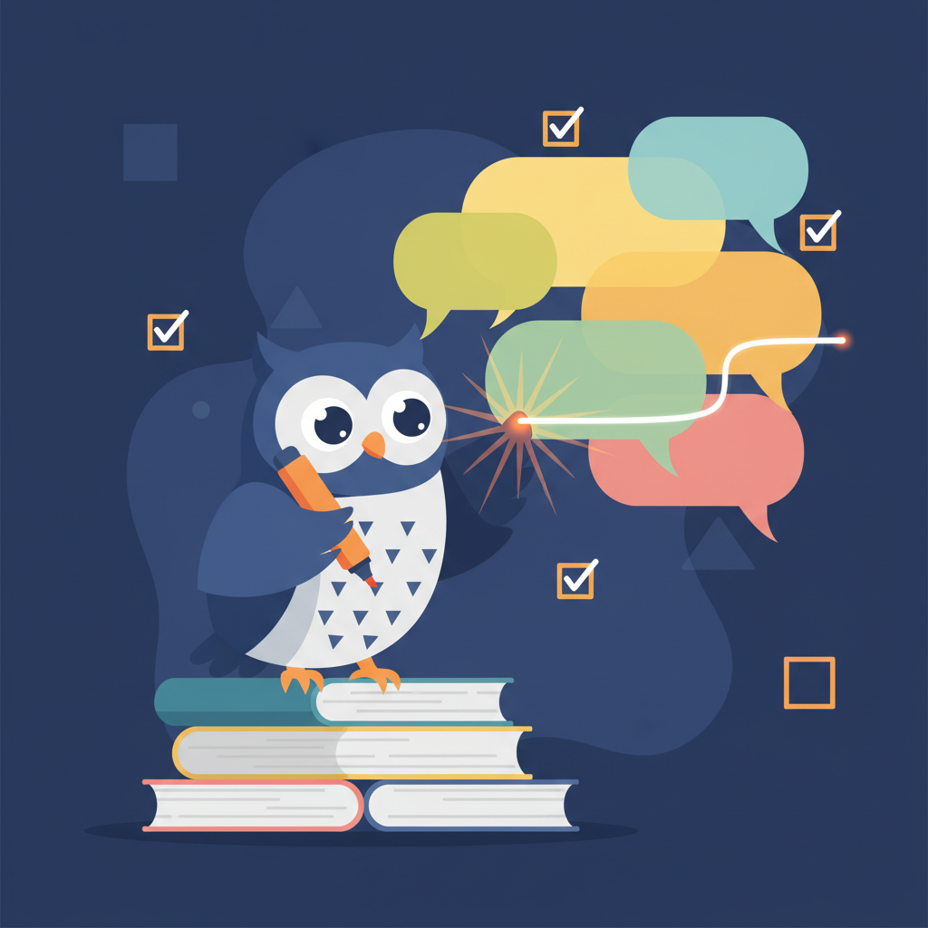 a friendly owl reading through colorful chat bubbles and highlighting key messages with a glowing marker, surrounded by checkmarks