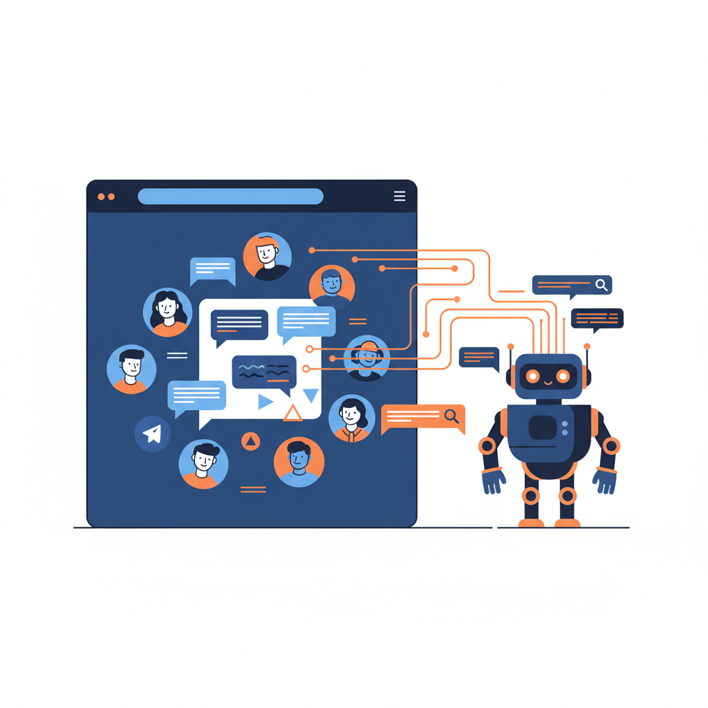 a team collaboration scene with multiple users discussing in a telegram supergroup, with an ai bot analyzing messages in the background