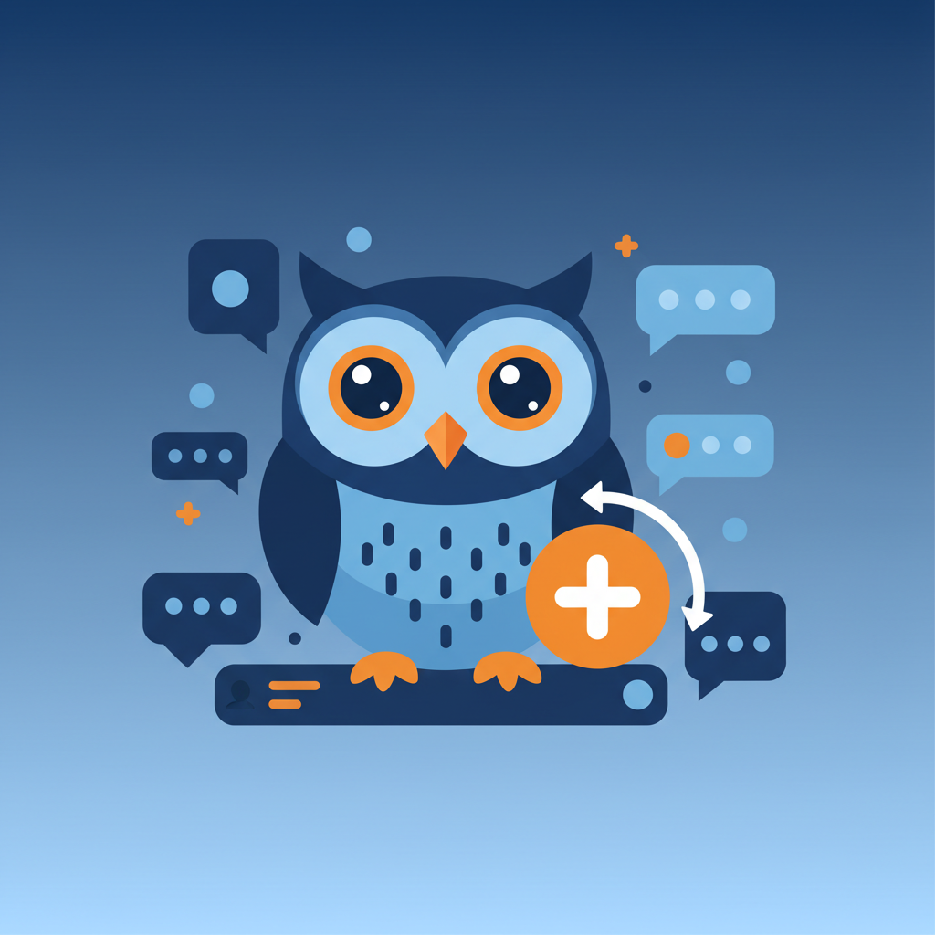 a friendly cartoon owl mascot being added to a telegram group chat, with a plus icon and chat bubbles around it