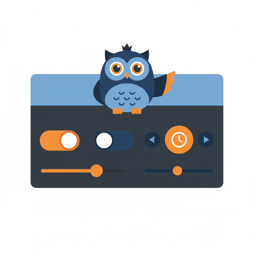 a settings panel interface with toggle switches and time picker, showing a smiling owl character pointing at options