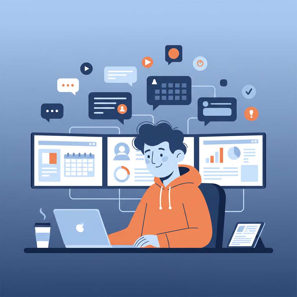 a busy product manager surrounded by multiple chat bubbles and notifications, looking overwhelmed at a desk with multiple screens