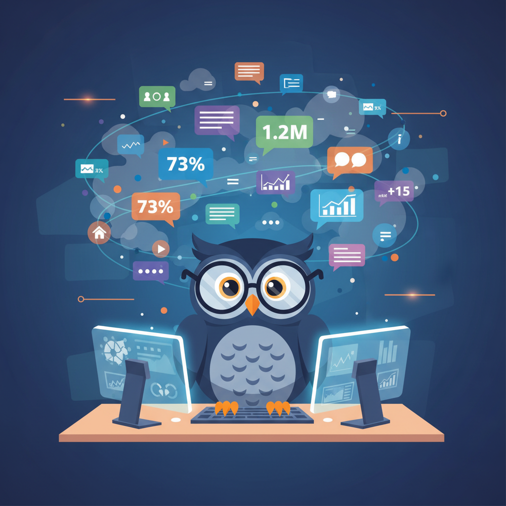 a cartoon owl wearing reading glasses, analyzing colorful chat bubbles with numbers and charts floating around, sitting at a desk with multiple screens
