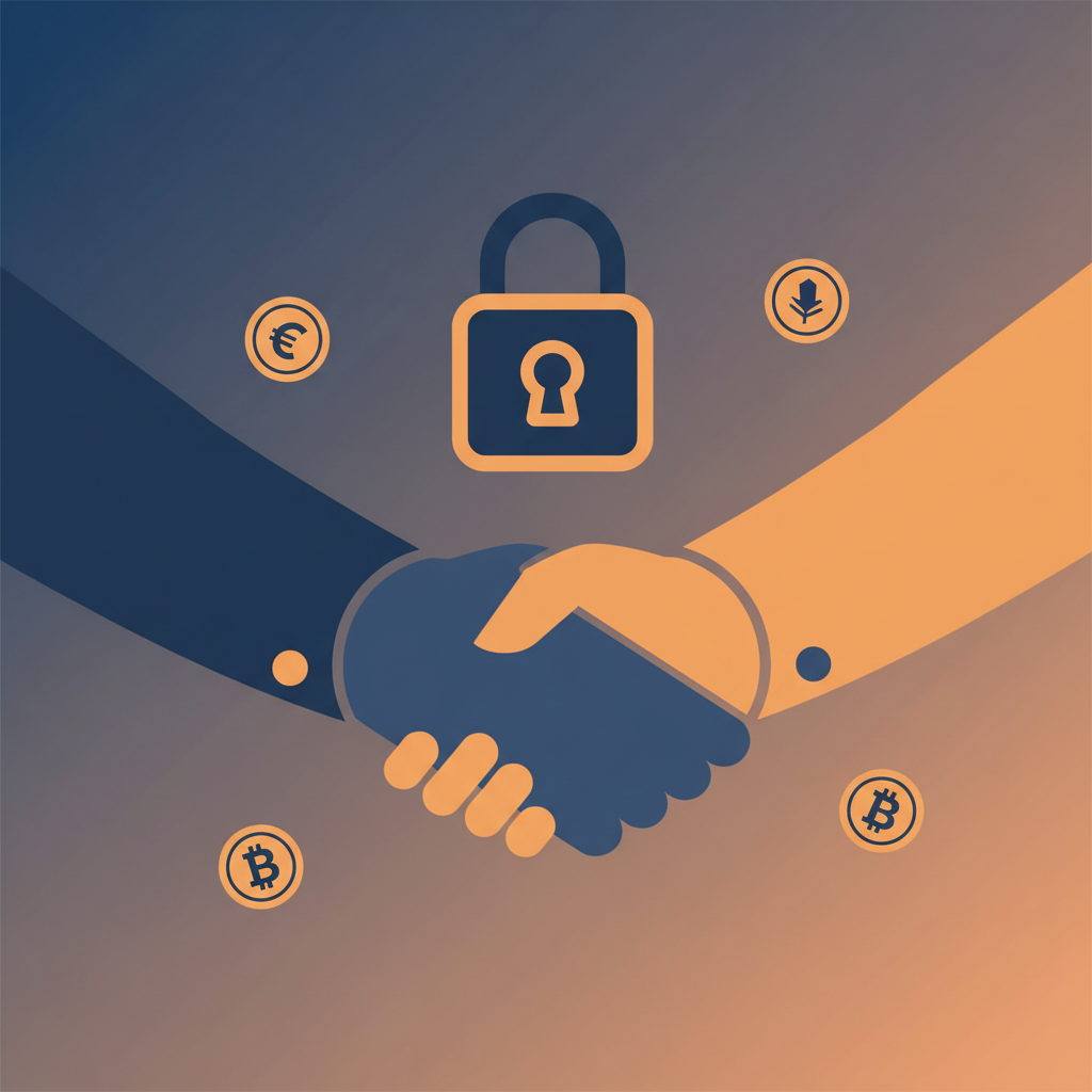 a stylized illustration of a handshake between two figures with cryptocurrency coins and a padlock symbol, representing confidential OTC deals