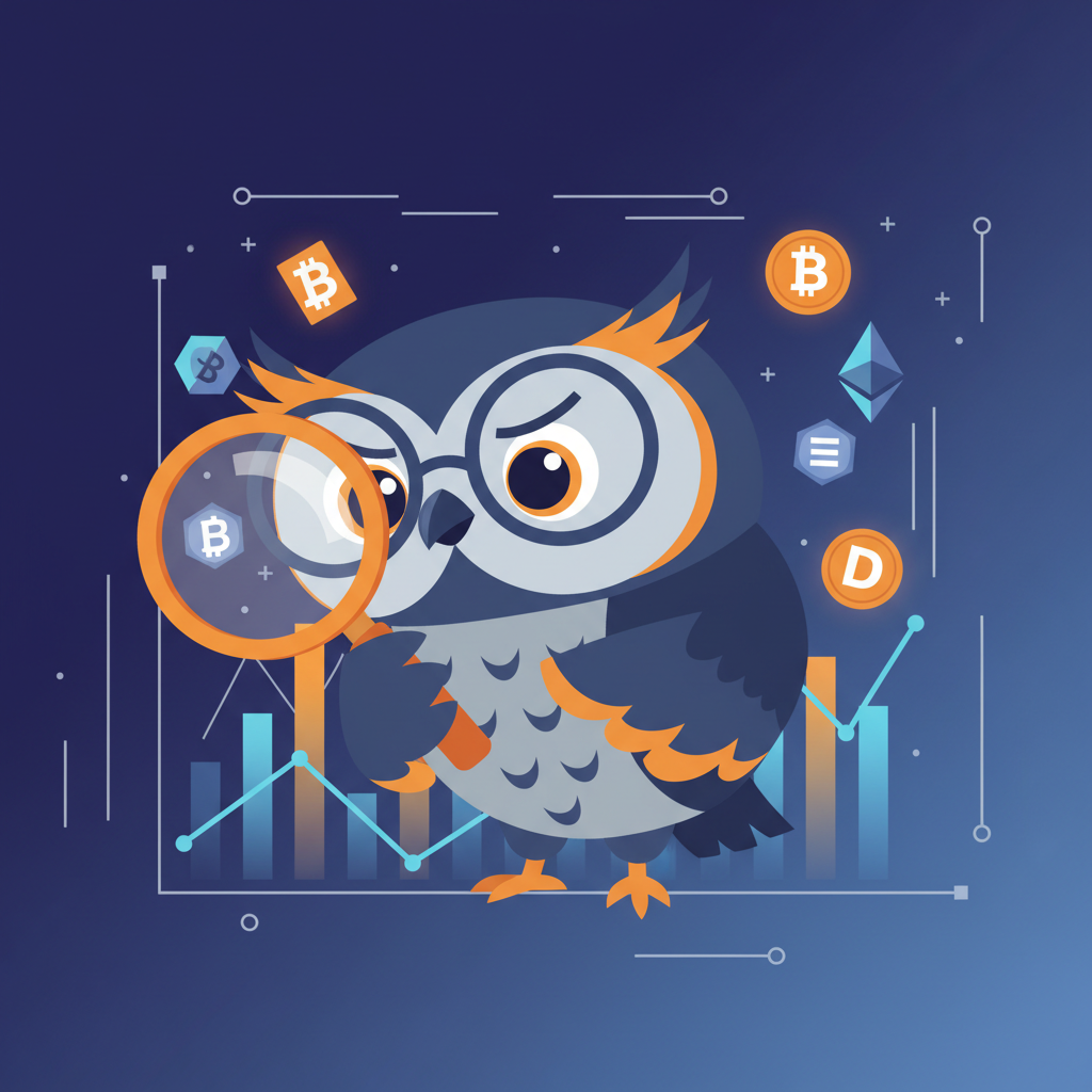 a wise owl character holding a magnifying glass, examining various cryptocurrency tokens and charts with a thoughtful expression