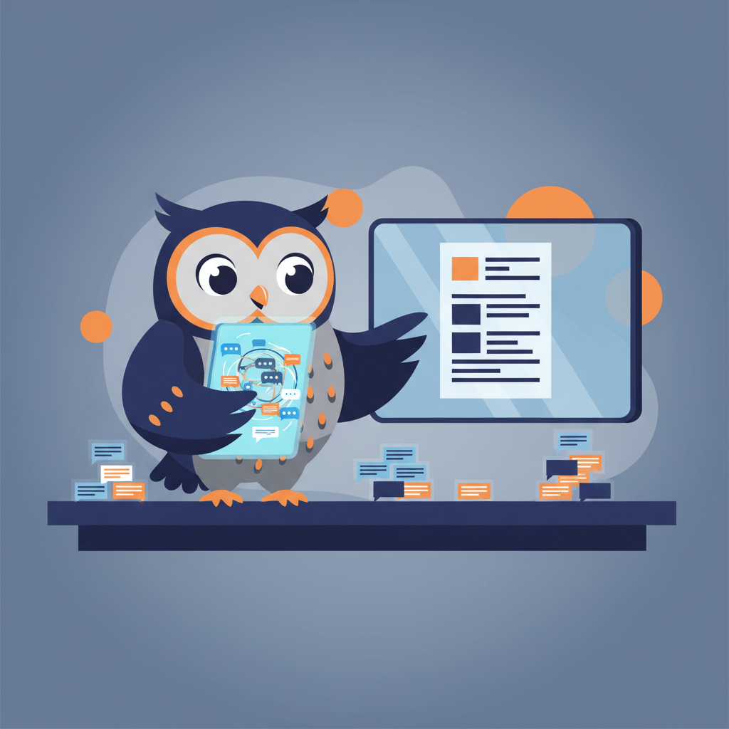 a friendly cartoon owl reading a stack of chat message bubbles and organizing them into a neat summary document on a desk