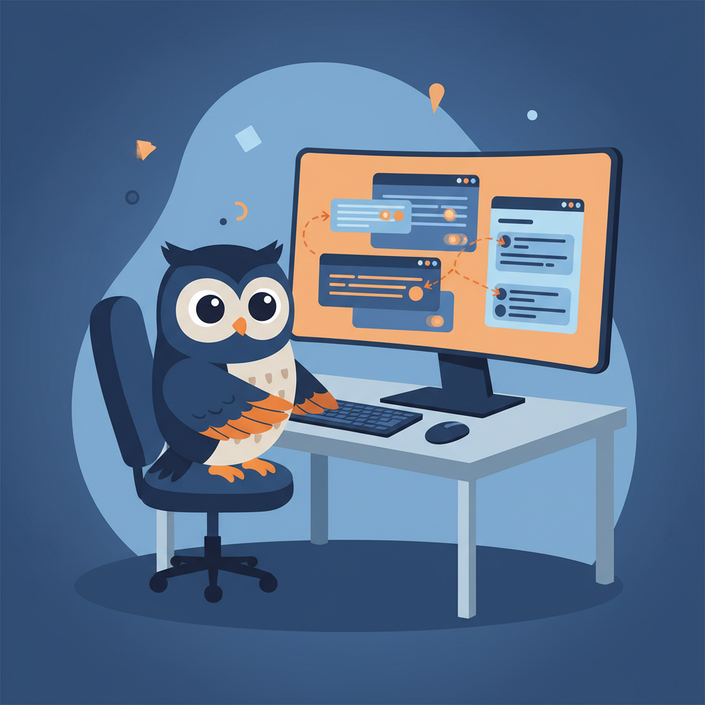 a cartoon owl sitting at a computer, with multiple chat windows open, highlighting key phrases and drawing arrows to a clean summary panel