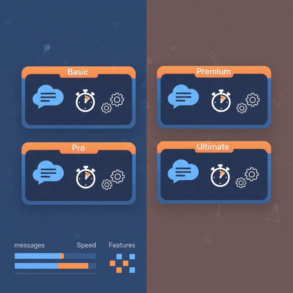 a split comparison of four pricing tier cards for a chat assistant service, displayed on a clean dashboard interface with icons representing messages, speed, and features