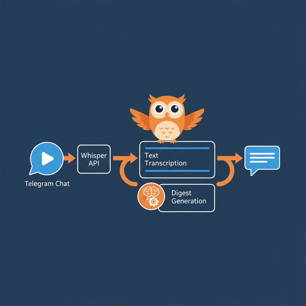 a workflow diagram showing voice message flow from telegram chat through whisper api to text transcription and daigest generation, with owl mascot observing