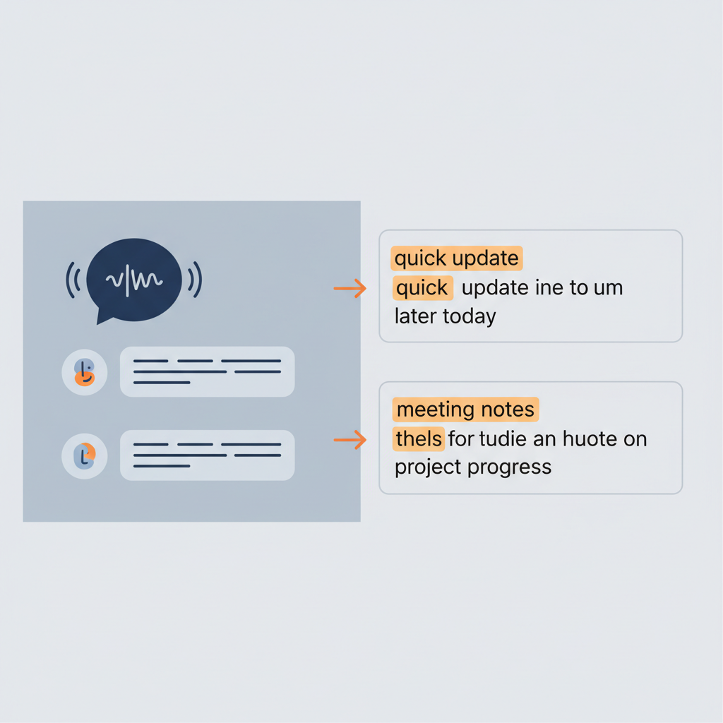 a split-screen comparison showing a chat with voice messages on left and their transcribed text version on right, with highlighted key phrases