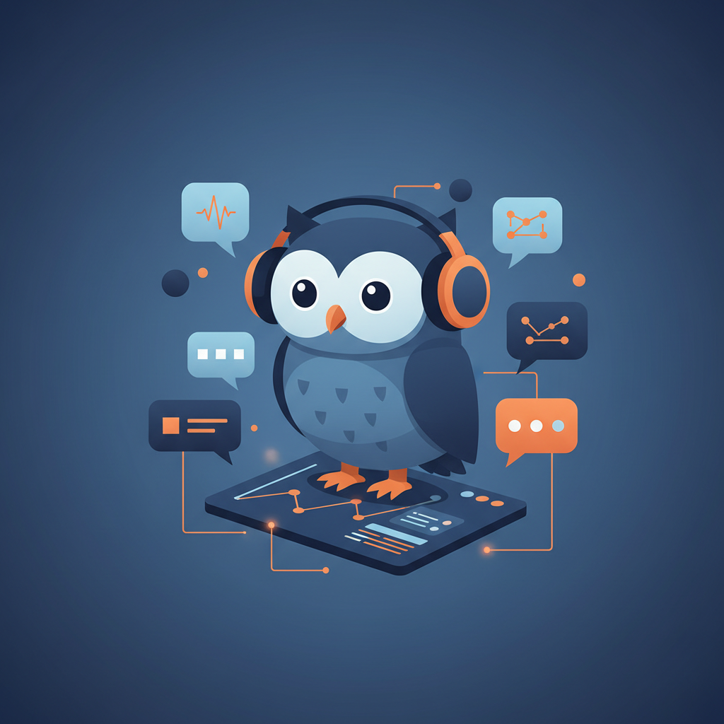 a friendly owl mascot wearing headphones, surrounded by speech bubbles with both text and voice wave symbols, analyzing chat data