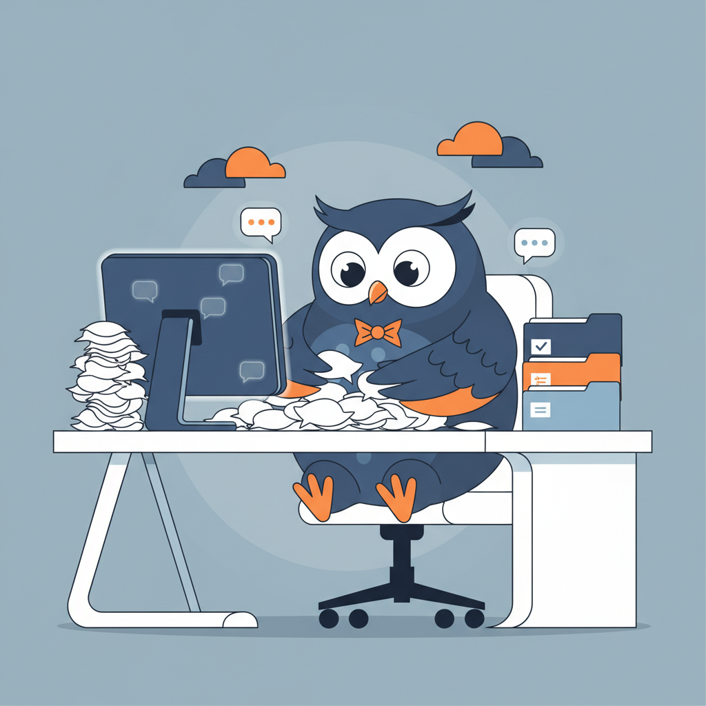 a friendly cartoon owl sitting at a desk, reading stacked chat bubbles and organizing them into neat labeled folders