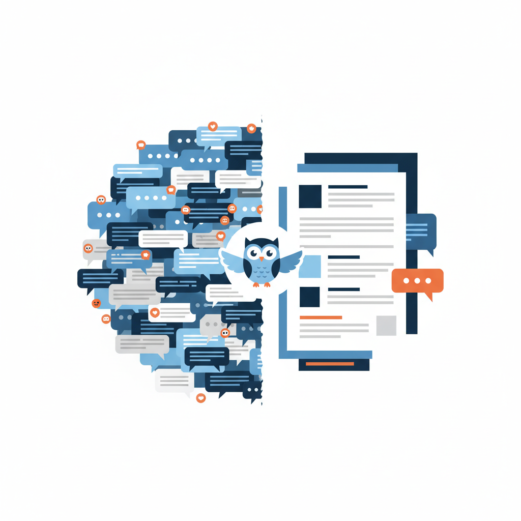 a split-screen illustration showing a chaotic pile of chat messages on one side and a clean organized summary document on the other, with a small owl icon bridging them