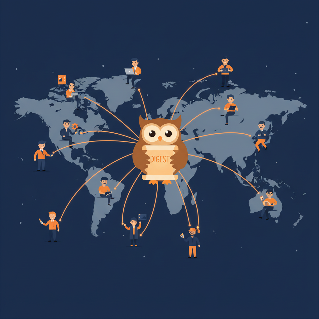 a world map with cartoon team members at different locations connected by glowing lines to a central owl figure holding a digest document